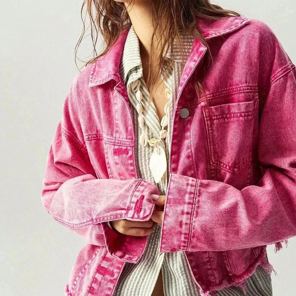 Hot Pink Casual Women's Loose Fit Dropped Shoulder Long Sleeve Washed Jacket - Picture 3 of 8